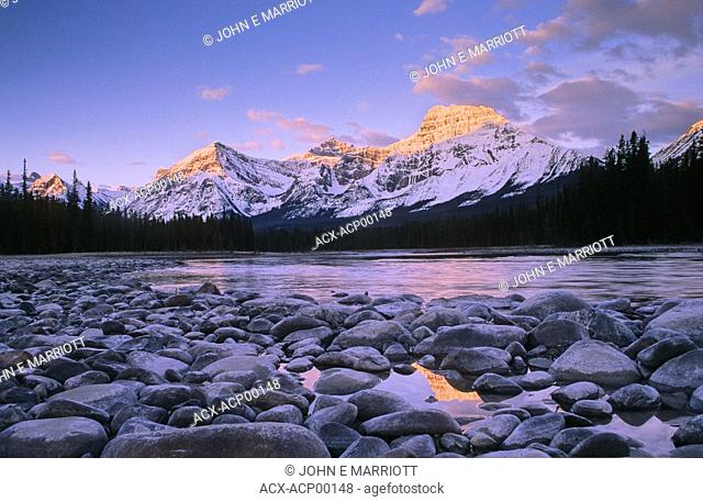 Athabasca River and Mount Christie at sunrise, Jasper National Park, Alberta, Canada