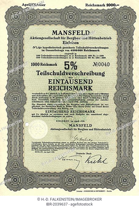 Historical share certificate, Mansfeld Aktiengesellschaft fuer Bergbau und Huettenbetriebe, Eisleben, mining company, mining and processing of copper
