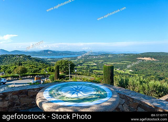Viewpoint with compass rose, Gulf of Saint Tropez, Gassin, Var, Provence-Alpes-Cote d'Azur, France, Europe