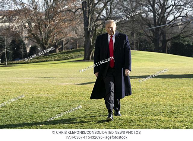 United States President Donald J. Trump returns to the White House in Washington, DC after a day trip to Camp David on Sunday, January 6, 2019