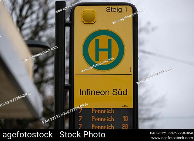 PRODUCTION - 12 December 2023, Saxony, Dresden: View of the Infineon Süd stop sign on line 7 of the Dresden Transport Authority (DVB) Photo: Robert Michael/dpa