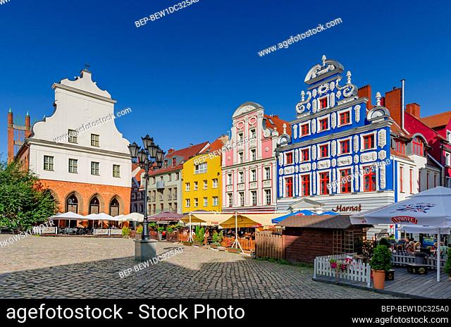 SZCZECIN, WEST POMERANIA PROVINCE, POLAND. Hay Market square with Old City Hall and rebuilt tenements houses