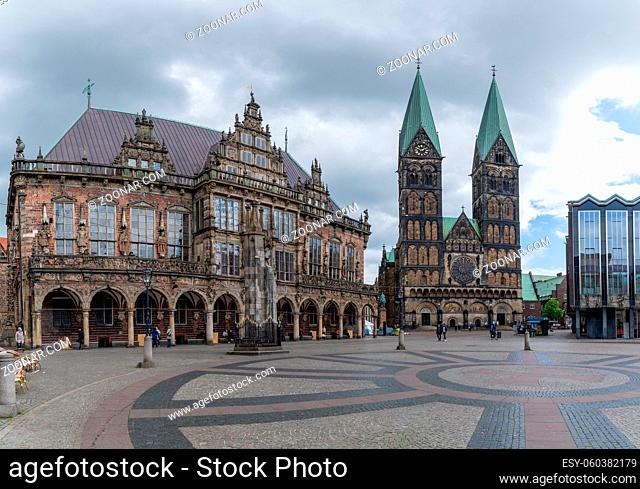 Bremen, Germany - May 25, 2021: view of the historic market square in the old city center of Bremen with the city hall building and the cathedral