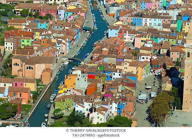 Italy, Venice lagoon, Burano island aerial view
