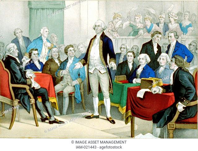 Washington, appointed Commander in Chief. Currier & Ives print 1876. Print shows George Washington standing on a platform surrounded by members of the...