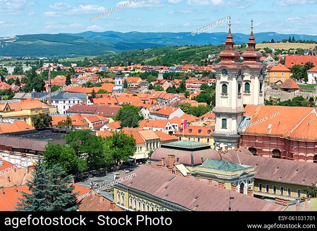 Aerial view Eger, Hungarian Country town with two towers of Minorite church