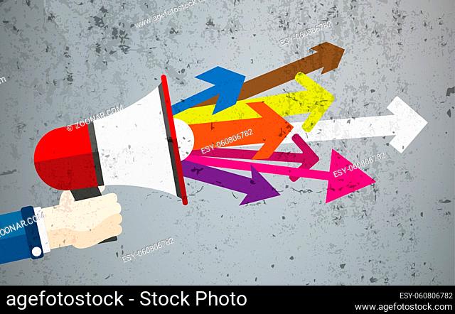 Hand with bullhorn on the concrete background. Eps 10 vector file