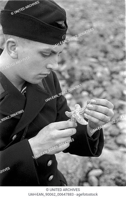 Frankreich - France in 1940s. Le Havre - young German navy sailor with starfish. Photo by Erich Andres Frankreich, Matrose mit Seesternen am Strand von Le Havre