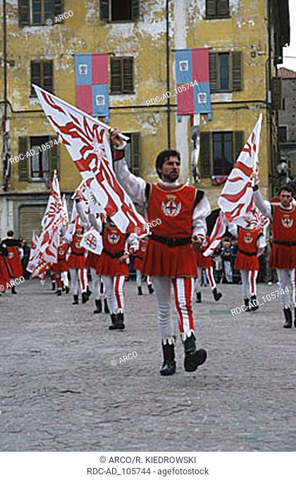 Standard bearer in traditional clothes Palio parade Alba Piemont Italy