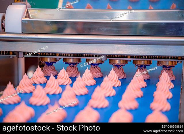 Cakes on automatic conveyor belt , process of baking in confectionery factory