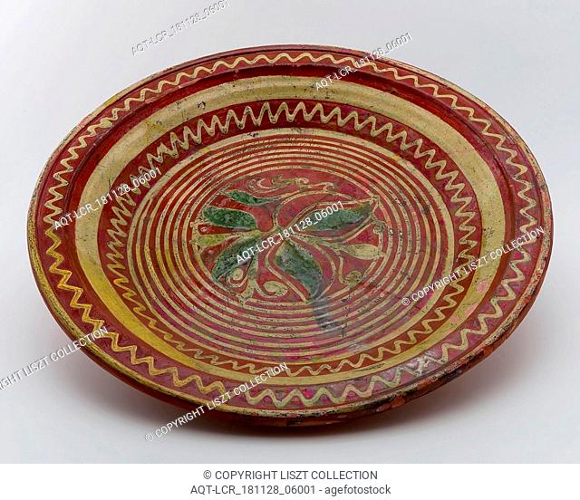 Earthenware dish, ringing-plate, red shard, decorated with stylized flower, on stand, dish crockery holder soil find ceramic earthenware glaze lead glaze clay