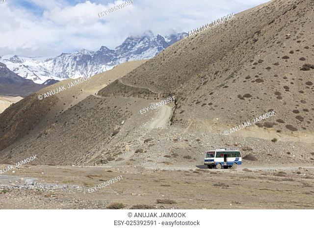 Local bus at Kagbeni city in lower Mustang district, Nepal. It runs between Jomsom and Muktinath