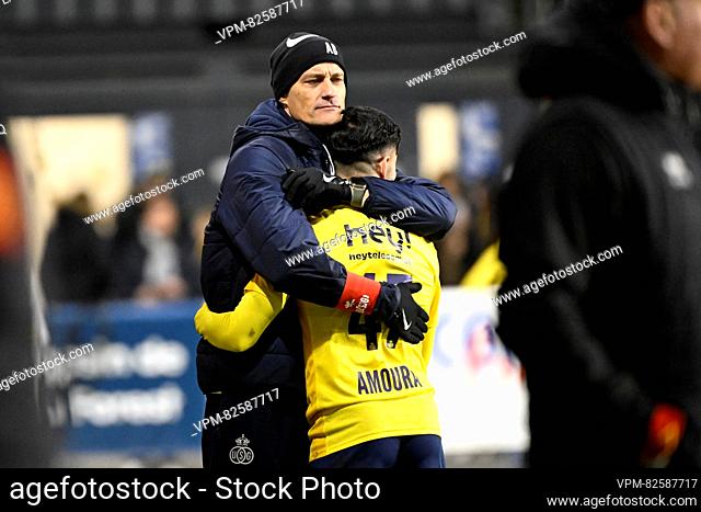 Union's Mohamed Amoura and Union's head coach Alexander Blessin pictured in action during a soccer match between Royale Union Saint-Gilloise and KV Mechelen