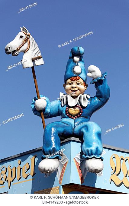 Clown with hobbyhorse, figure at the Alt Wiener Ringelspiel carousel, Vienna Prater, Wurstelprater, Vienna, Austria