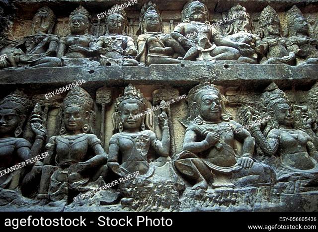 figures at the Temple Terrace of Elephants in the Temple City of Angkor near the City of Siem Reap in the west of Cambodia