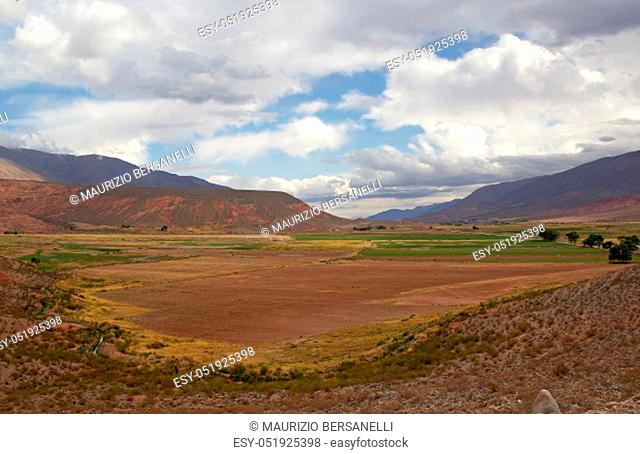 Landscape along the Calchaqui Valley, Argentina. It is a valley in the northwestern region of Argentina and it is best known for its contrast colours and its...