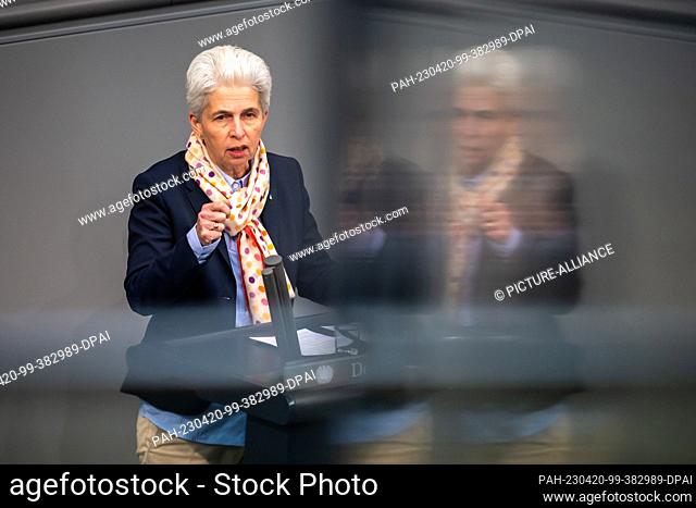 20 April 2023, Berlin: Marie-Agnes Strack-Zimmermann (FDP), chairwoman of the defense committee, speaks after the presentation of the annual report of the...