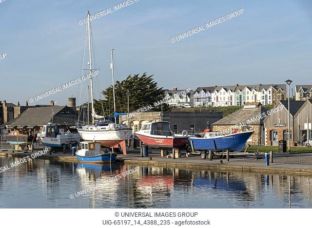 Bude, North Cornwall, England, UK. February 2019. Bude Canal with boats on the wharf, out of the water for winter