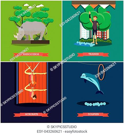 Vector set of dolphinarium, zoo and circus posters. Rhinoceros, Trainer, Acrobats and Dolphin flat style design elements