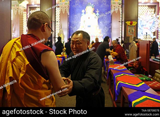 RUSSIA, KYZYL - APRIL 28, 2023: State Duma Deputy Speaker Sholban Kara-ool attends the opening of the Tubten Shedrub Ling monastery