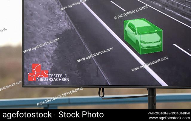 08 January 2020, Lower Saxony, Cremlingen: A monitor shows how cars and trucks are recorded in the ""Lower Saxony test field"" on the A39 motorway in the...