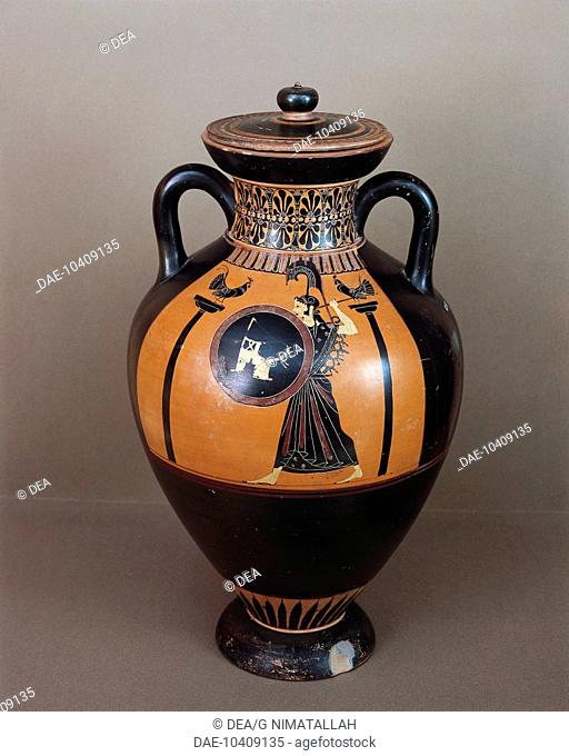 Etruscan civilization, 6th century b.C. Black-figure pottery. Amphora depicting Athena. From Vulci, Montalto di Castro, Viterbo