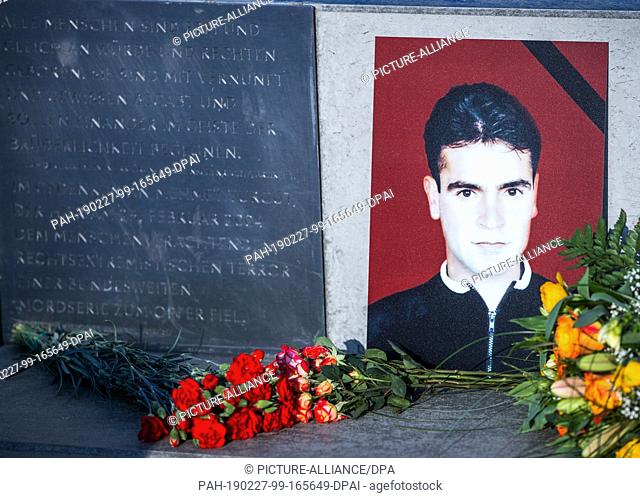 25 February 2019, Mecklenburg-Western Pomerania, Rostock: A picture of the NSU victim Mehmet Turgut stands at the memorial on the day of death at the memorial...