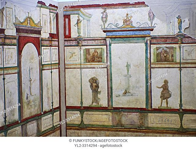 Roman fresco wall decorations of Bedroom E of the Villa Farnesia, Rome. Museo Nazionale Romano ( National Roman Museum), Rome, Italy.