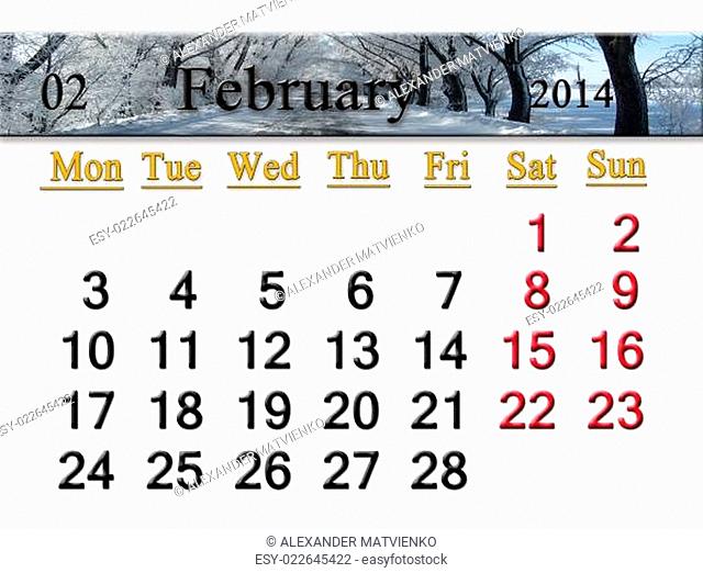 calendar for the February of 2014