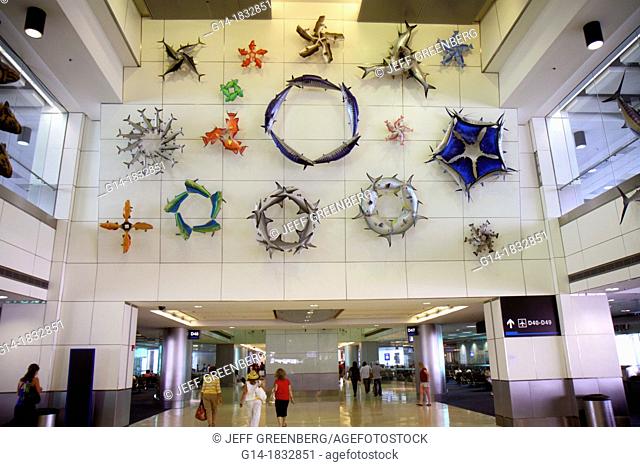Florida, Miami, Miami International Airport, MIA, gate area, terminal, concourse, art, fish, scuptures, patterns, passengers