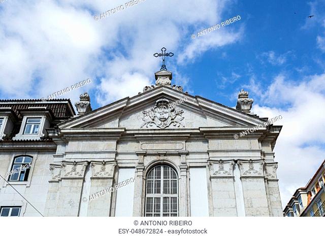 Detail of the pediment with the crowned coat of arms of the Order of St Dominic of the Church of Corpo Santo in Lisbon, Portugal
