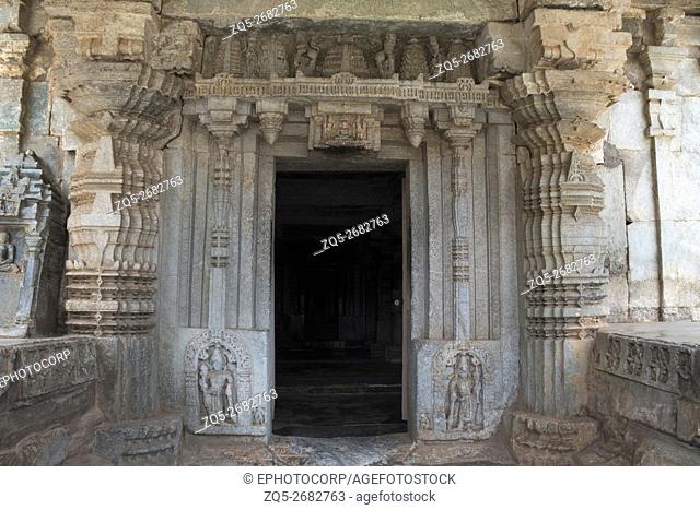 Carved pillars and doorjambs at the entrance, Adinatha Basadi, Basadi, Basadi Halli, Karnataka, India