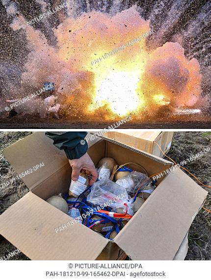 10 December 2018, Saxony, Weißkeißel: KOMBO: The two-part picture shows a box full of pyrotechnics from abroad and the controlled demolition of this box (top)