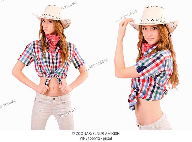 Redhead cowgirl isolated on white