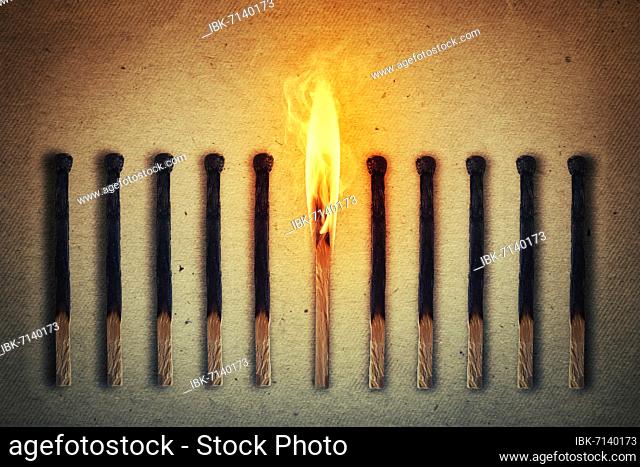 Burning match standing middle a row of extinguished, burnt matches. Leadership concept