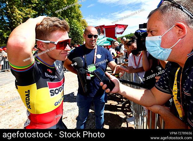 Belgian Remco Evenepoel of Quick-Step Alpha Vinyl talks to the press before the start of stage 3 of the 2023 edition of the 'Vuelta a Espana'