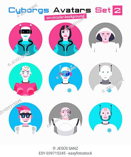 Varied set of cyborgs characters avatars. Imaginative and friendly colourful collection of happy characters, that combine the human and the machine to give a...