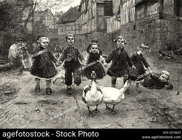 Children from the late 19th century playing chasing geese on a farm in the countryside, painting by Adolfo Luis. Old XIX century engraved illustration from La...