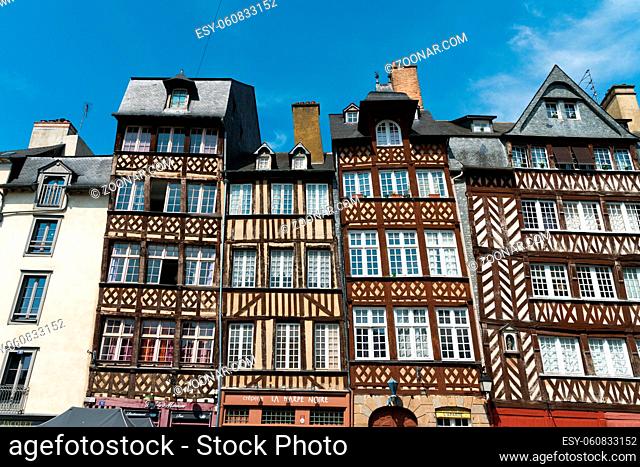 Rennes, Ille-et-Vilaine / France - 26 August 2019: half-timbered houses at the Place des Lices Square in the historic old town of Rennes in Brittany