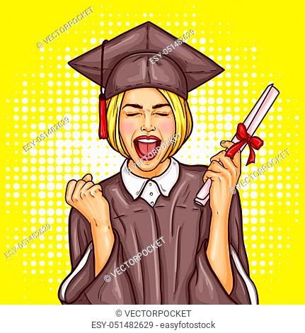pop art illustration of an excited young girl graduate student in a  graduation cap and mantle with a..., Stock Photo, Picture And Low Budget  Royalty Free Image. Pic. ESY-051482629 | agefotostock