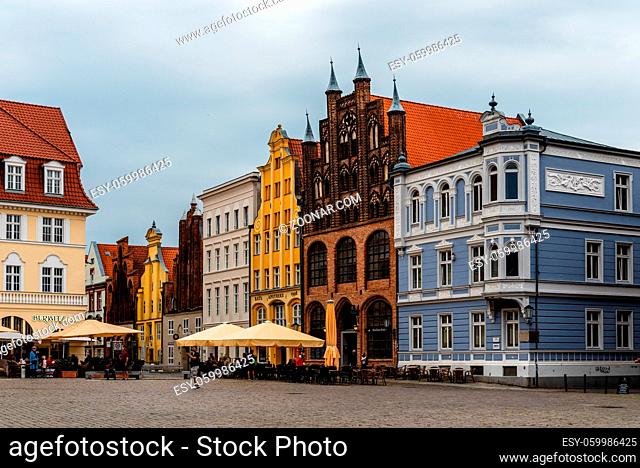 Stralsund, Germany - July 31, 2019: Scenic view of Alter Markt in the old town. Stralsund is a UNESCO World Heritage site