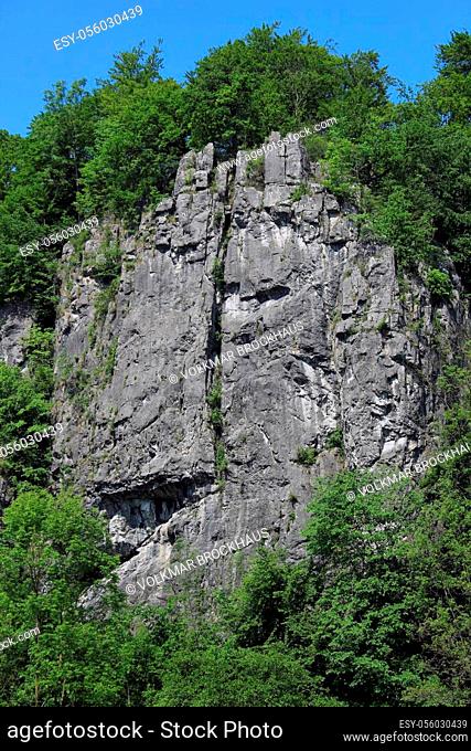An impressing view on the seven virgins rock formation in the Hönnetal near Hemer, located in the Sauerland, North Rhine-Westphalia, Germany