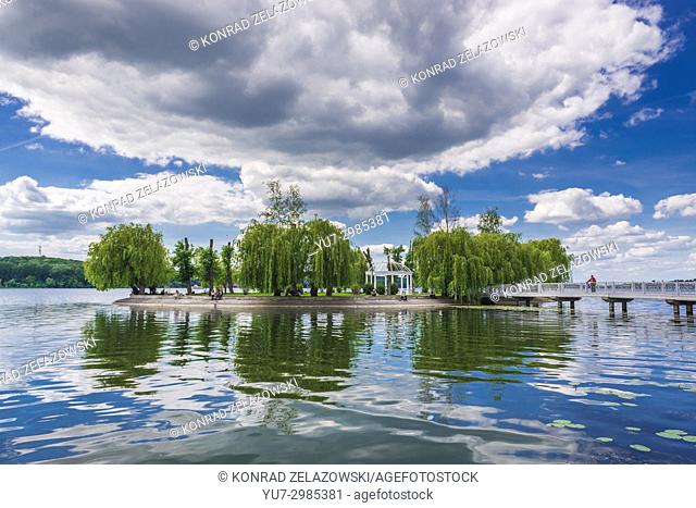 Ternopil Pond with so called Island of Love in Taras Shevchenko Park in Ternopil city, administrative center of the Ternopil Oblast, Ukraine