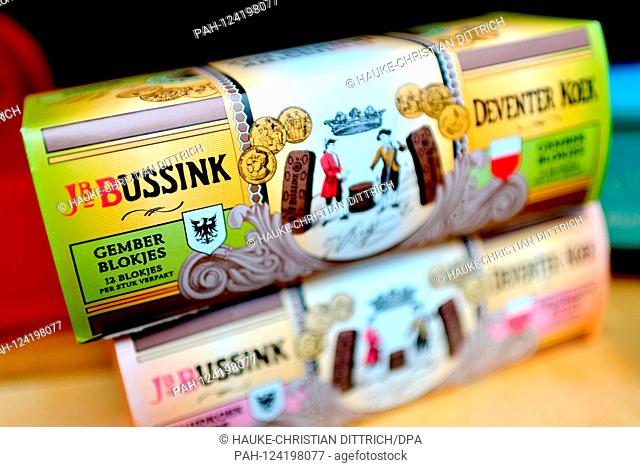 A packaging with 'Bussink Deventer Koek' in the display window of the grocers museum, a historic grocery store, in Utrecht (Netherlands), 01 September 2019