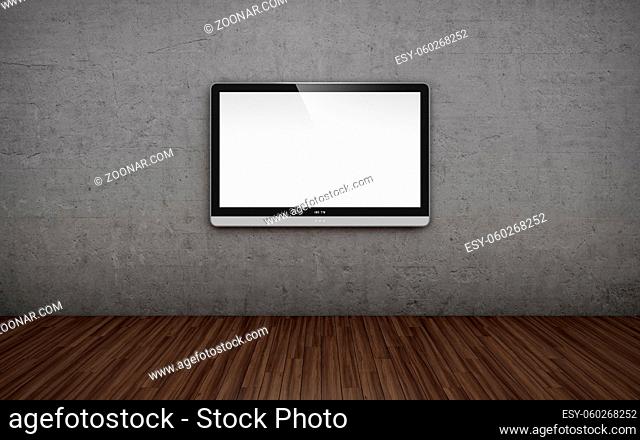 3D illustration of empty room with TV screen on the wall