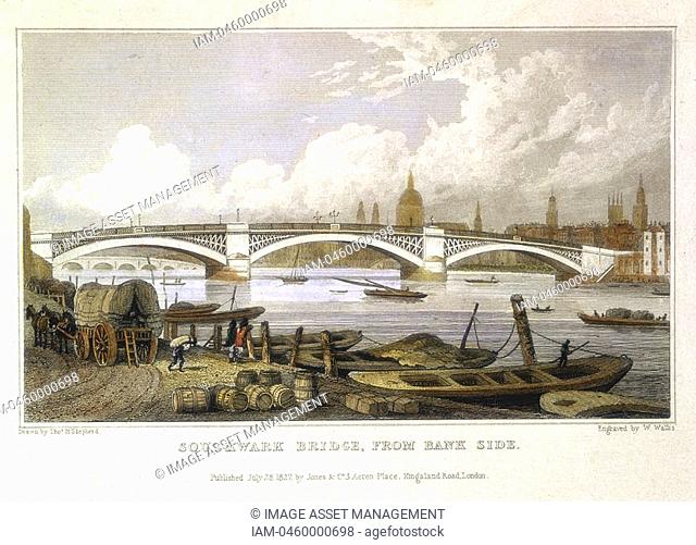 John Rennie's 1761-1821 cast iron bridge over the Thames at Southwark, viewed from the south bank looking towards St Paul's  Built between 1814 and 1819:...