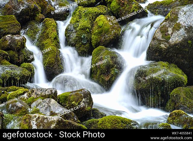 Uelhs deth Joèu waterfall in spring (Aran Valley, Catalonia, Pyrenees, Spain)