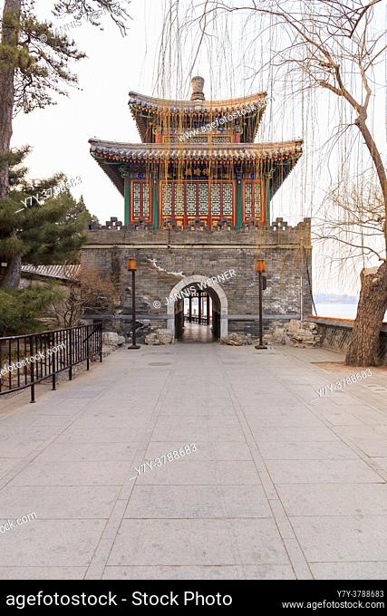 Historic gatehouse at Behai park in Beijing, China