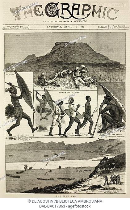 British soldiers and Zulu warriors, scenes from the Anglo-Zulu war, illustration from the magazine The Graphic, volume XIX, no 490, April 19, 1879