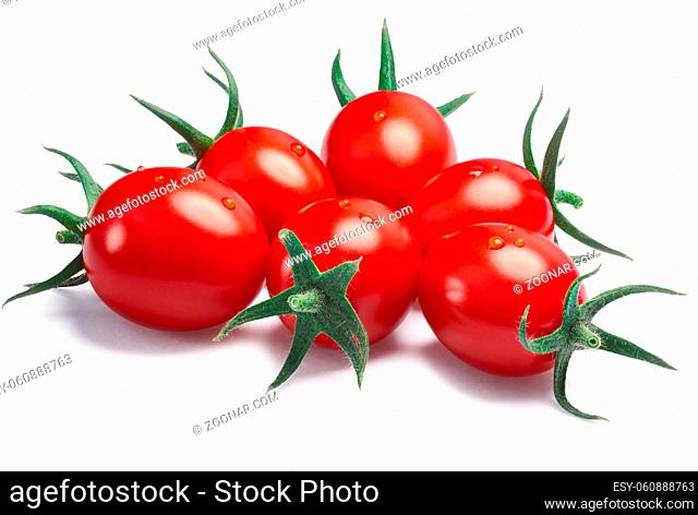 Cherry or grape cocktail tomatoes with sepals (Solanum lycopersicum). Clipping path, shadow separated
